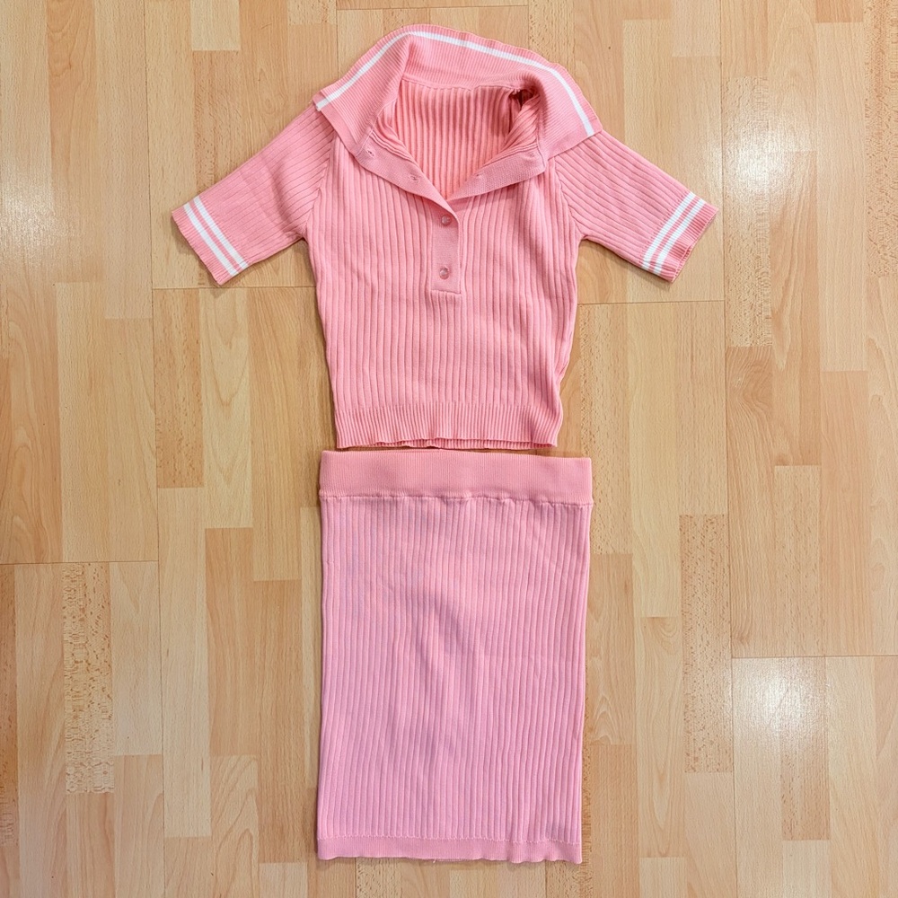 Yesstyle | Short-sleeve knit polo shirt + High-waist Knit Mini Skirt Set